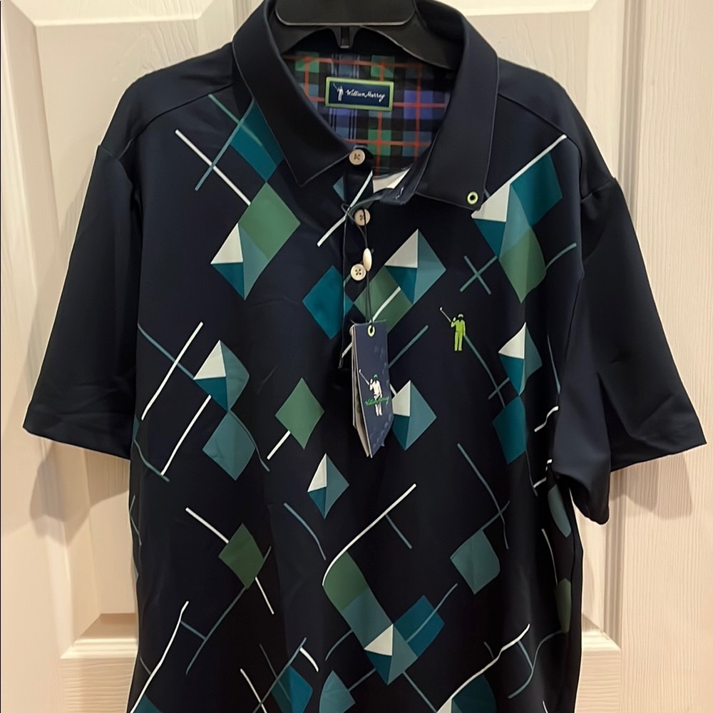 William Murray Blue and Green Polo Shirt with Geometric Design